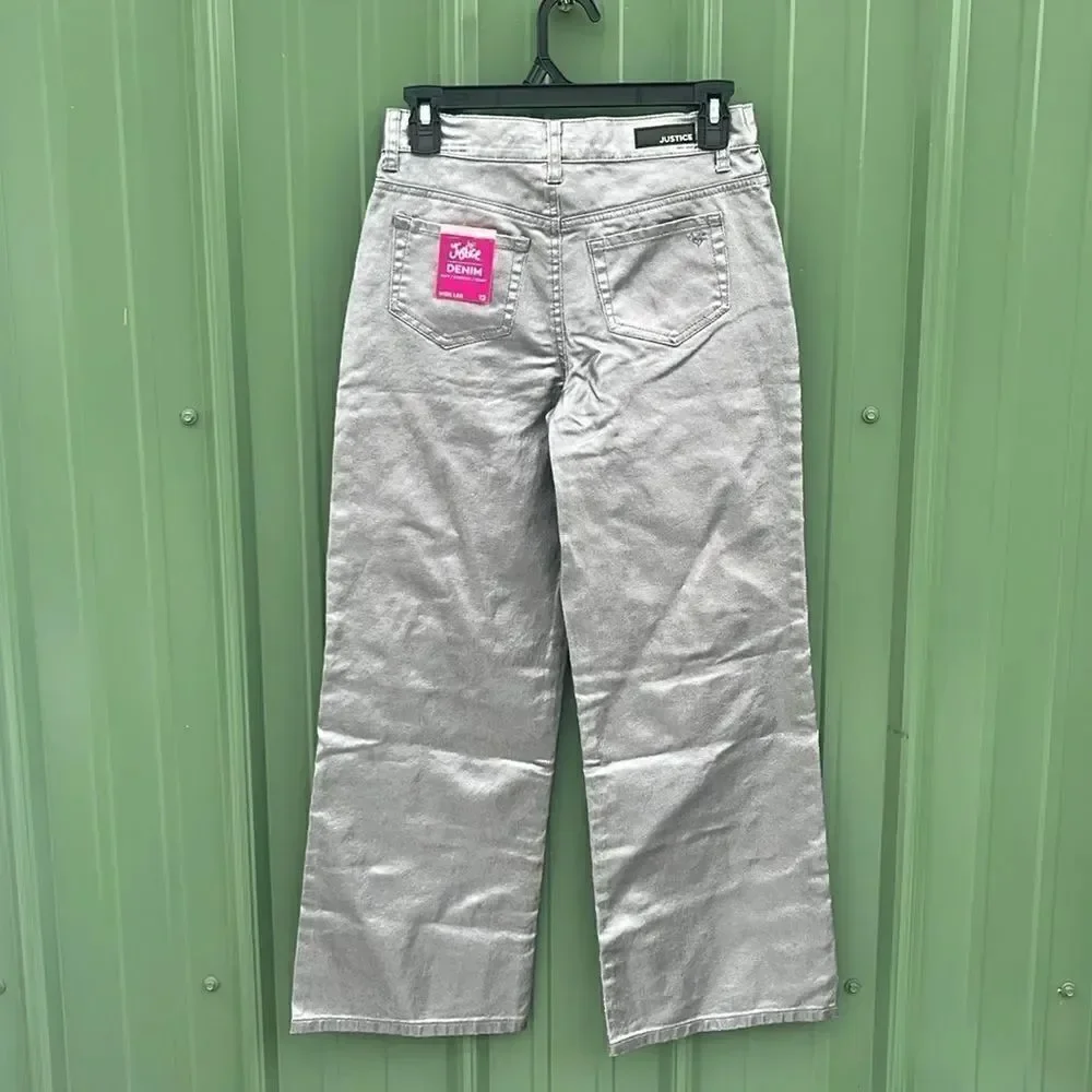 Girls Wide Leg Silver Denim Pleather Pants Size 12